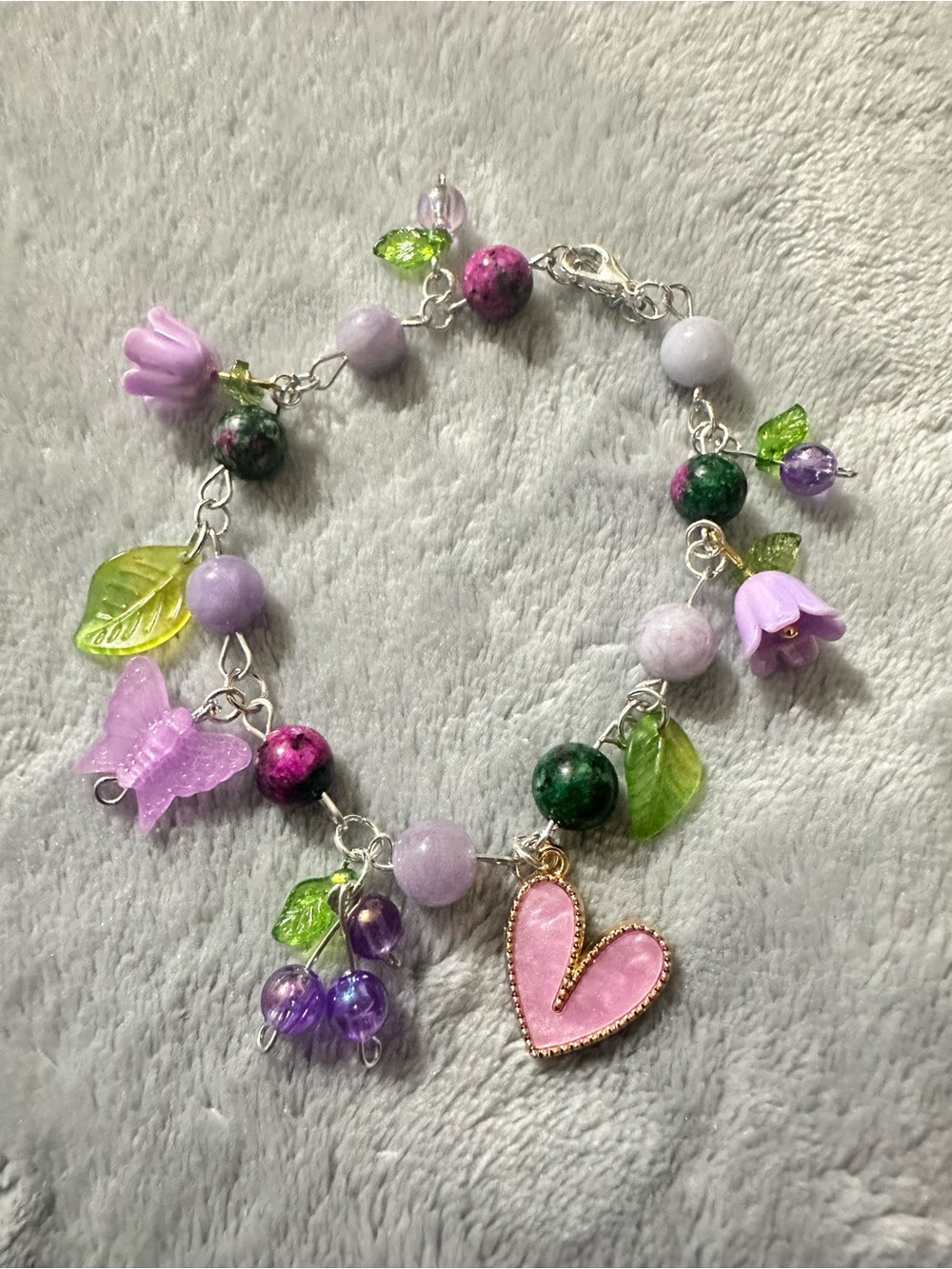 Purple Heart & Floral Charm Bracelet with Green and Lavender Beads